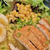Tori Shio Chicken Ramen · Sea salt flavored chicken broth, chicken, soft boiled egg, daily greens, corn, scallions, se...