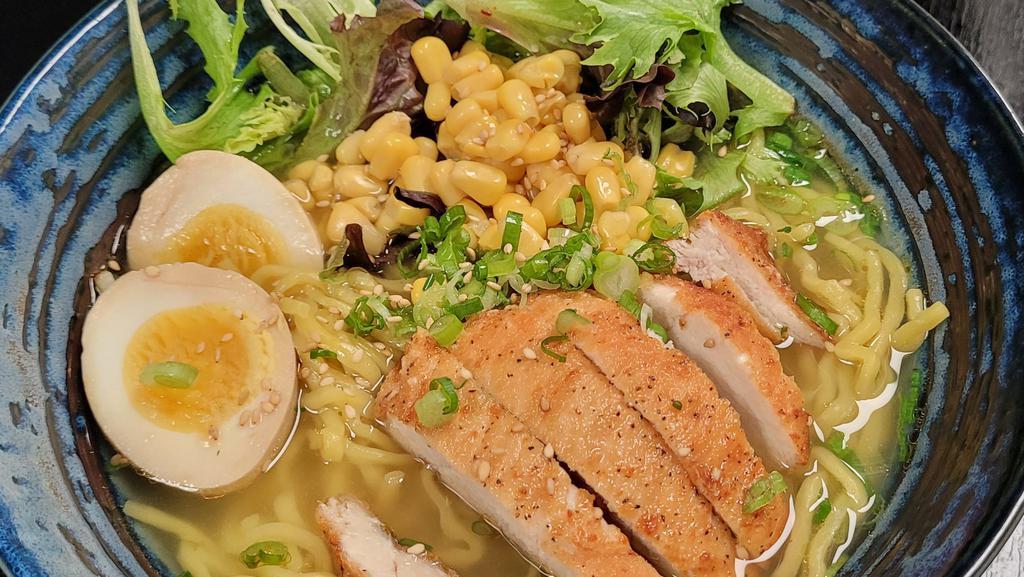 Tori Shio Chicken Ramen · Sea salt flavored chicken broth, chicken, soft boiled egg, daily greens, corn, scallions, seaweed, sesame seeds & sesame oil.