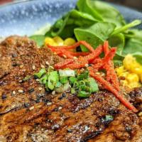 Yakiniku Don · Grilled Angus steak, glazed with house made BBQ sauce, topped with sesame seeds, scallions, ...