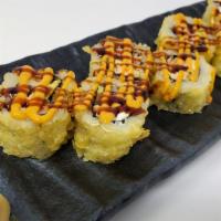 Azami · Tempura fried sushi roll, smoked salmon, cream cheese, avocado, crab salad, spicy mayo and e...