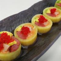 Yuki · Gluten free. Tuna, hamachi, salmon, avocado, red tobiko, wrapped in cucumber, served with po...