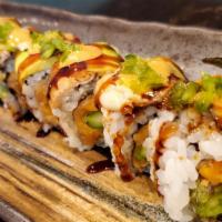 Ichiban · Spicy salmon, tempura asparagus, soy paper wrap; topped with avocado, eel, sweet jalapeno, s...