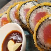 Firecracker · Fried roll, 5 pcs. Panko-fried tuna & salmon wrapped with seaweed & rice, topped with kimchi...