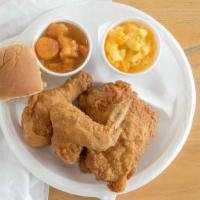 3Pc Chicken Dinner Box · Comes with two sides and roll.