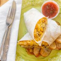 Humongo A.M. Burrito · Scrambled eggs, sausage peppers, onions, and cheese, in a flour tortilla wrap, served with s...