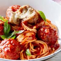 Spaghetti With Meatball · Marinara sauce over spaghetti with meatballs, topped with grated parmesan cheese.