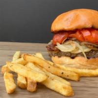 The Cure · Grass-fed beef patty topped with crisp bacon, smoked gouda, braised tomatoes, sautéed onions...