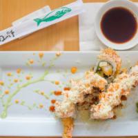Double Decker Roll · Shrimp Tempura,cream cheese,Avocado,Top with,shrimp,Imitation crab mix, tempura crunchies, e...