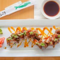 Splash Meadow Roll* · Inside:Spicy Tuna*,Imitation Crab mix, Tempura Lobster Tail and cucumber.Top with seared Fil...