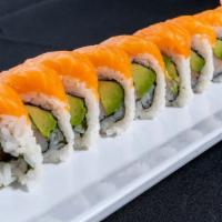 Saito'S Roll* · Imitation crab mix,cream cheese, avocado,cucumber,green onions,masago*. Top with raw Salmon.