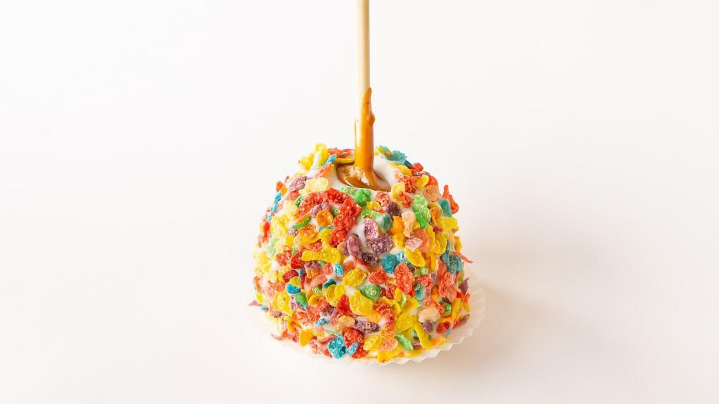 Fruity Pebbles Apple · A classic granny smith apple dipped in our signature caramel sauce, dipped in white chocolate. Then rolled in fruity pebbles.