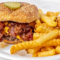 Double Bacon Cheeseburger · All American- lettuce tomato mayo Carolina burger- mustard onion slaw chili *please specify.