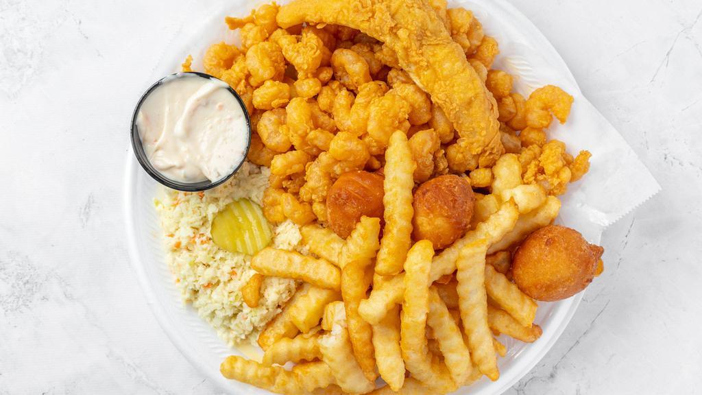 Whiting & Popcorn Shrimp · Three piece Fish and Calabash Shrimp. Served with two sides hushpuppies and tartar sauce.