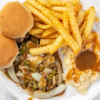 Hamburger Steak · Half Pound Beef Patty (Onion Pepper Gravy).  Served with two sides and a roll.
