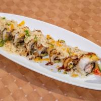 Sr13. Hana Roll · Eel, shrimp, carb, avocado wrapped w. fried fluke & caviar on the top.
