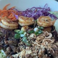 Combination · Chicken, Pork, and Shrimp. Served with carrots, onions, lettuce, cucumber, cilantro, bean sp...