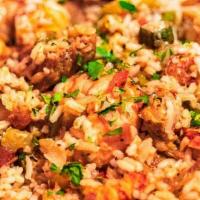 Jambalaya · All entrees served with house-made cornbread. Long grain rice, crawfish, andouille sausage, ...