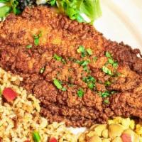 Catfish · All entrees served with house-made cornbread. Chesapeake bay invasive blue catfish fried gol...