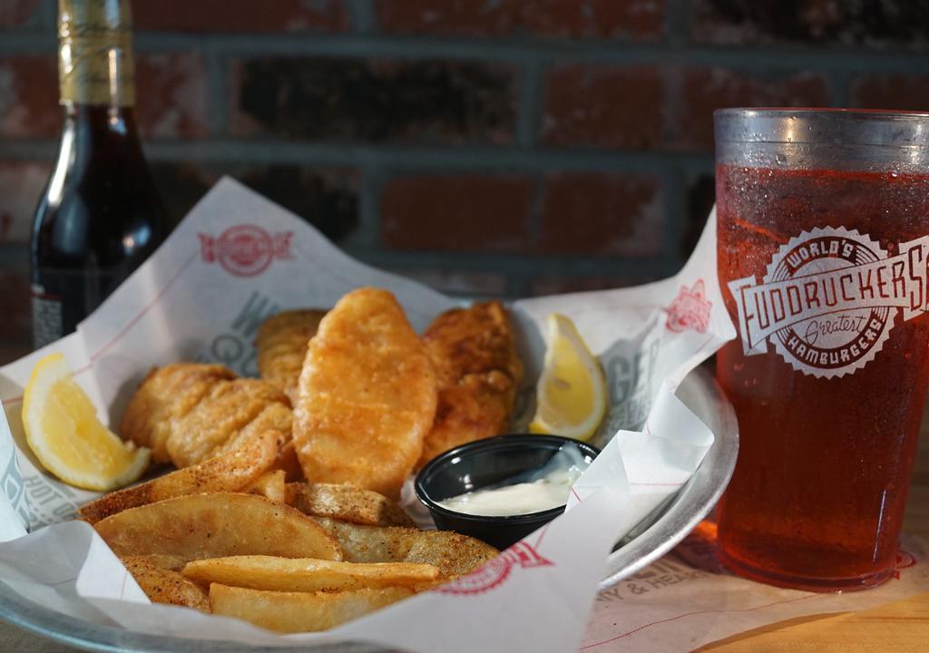 Fish & Chips · Beer Battered & Served with Wedge Cut Fries & Tarter Sauce.
