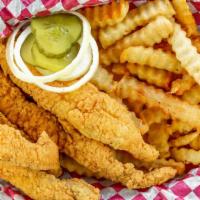 Catfish & Fries · Donks famous. US farm-raised catfish strips soaked in our secret sauce, hand-breaded & fried...