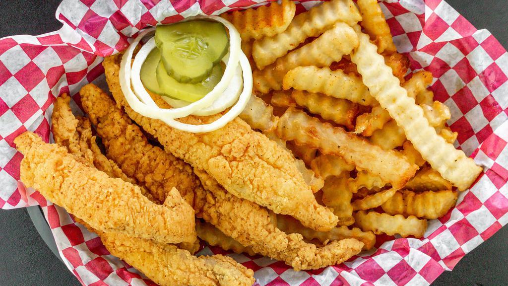 Catfish & Fries · Donks famous. US farm-raised catfish strips soaked in our secret sauce, hand-breaded & fried to perfection. Served with white bread, onions, pickles, hot sauce, tartar sauce, & mustard on the side. Add cheese for an additional charge.