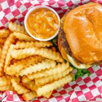 Donks Burger & Fries · A classic 1/2 pound Angus beef patty or turkey patty topped with cheddar cheese, fresh lettu...