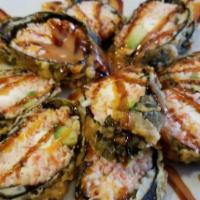 Tennou Roll · (8 pc.) deep-fried red snapper, snow crab, smelt roe, avocado, cream cheese, spicy mayo, and...