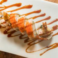 Rock'N Roll · (5 pc.) shrimp tempura, snow crab, avocado, asparagus, smelt roe, and eel sauce.