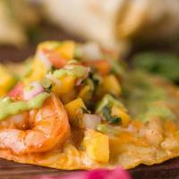 Shrimp Tacos · Spicy shrimp, mango-habanero salsa, avocado-cilantro sauce, Jack cheese.