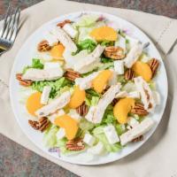 Raspberry Pecan Chicken Salad · Fresh green lettuce mix with grilled chicken, chopped pecans, mandarin oranges, crumbled Fet...