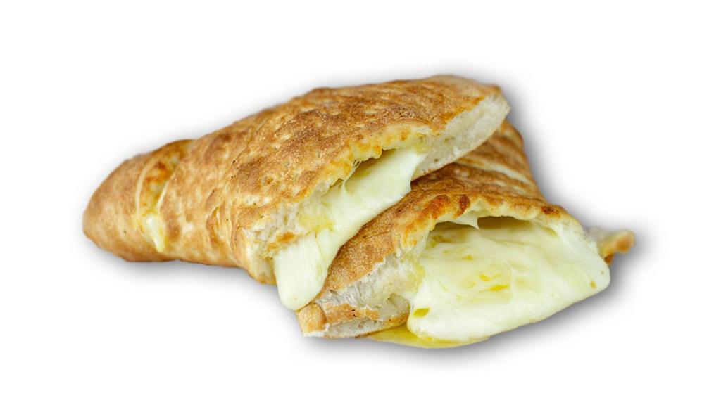 Calzone Style Cheese Bread · Calzone shaped bread with loaded mozzarella cheese inside & on the top, glazed with garlic sauce.
