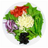 House Salad · Fresh green lettuce mix, tomatoes, black olives, red onions, bell peppers, shredded mozzarel...