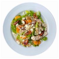 Raspberry Pecan Chicken Salad · Fresh green lettuce mix with grilled chicken breast, mandarin oranges, pecans, crumbled feta