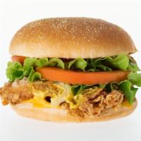 Crispy Chicken Burger · Breaded chicken breast with tomatoes, lettuce, onions & American cheese. Mayo, mustard, ketc...
