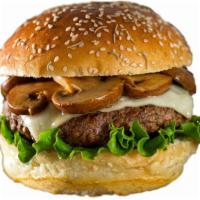 Mushroom Swiss Burger · 1/2 pound 100% Sirloin beef burger layered in grilled mushrooms, onions and cheese. Mayo, mu...