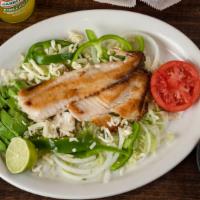 Tilapia Salad · Grilled tilapia, served over lettuce, tomato, bell peppers and avocado.