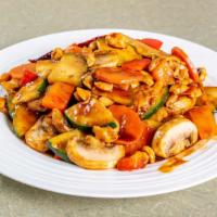 *Chicken Kon Po · Hot & spicy. Slices of chicken breast, carrots, red bell pepper, snowpeas, mushrooms, water ...