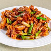 *H.S. Scallion Chicken · Thinly sliced chicken breast, lightly battered and fried until crispy, sauteed with scallion...