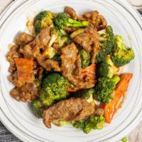 Beef Broccoli · Sliced steak and broccoli sauteed in a savory brown sauce.