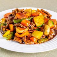 *Hot Spiced Beef · Hot & spicy. Stir-fried slices of steak, carrots, snowpeas, mushrooms, sliced water chestnut...