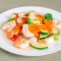 Flower Shrimp · Stir-fried broccoli, carrots, mushroom, water chestnuts, and red bell pepper in a gluten-fre...