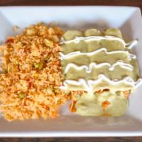Enchiladas Suizas · Three chicken enchiladas topped with creamy tomatillo sauce, sour cream and choice of rice o...
