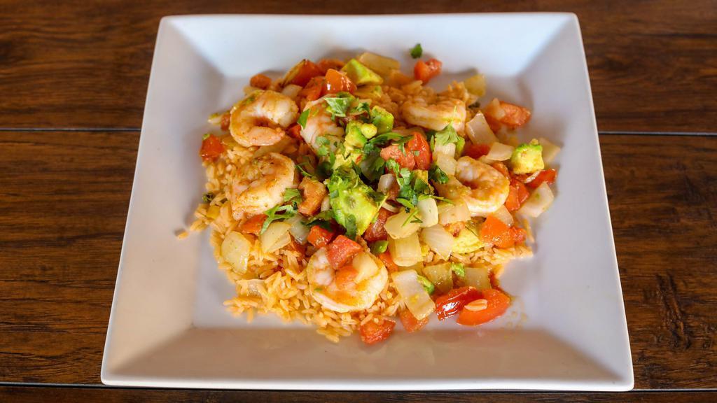 Mojo Shrimp · A delicious platter of sautéed shrimp seasoned in a sweet roasted garlic mojo sauce. mixed with onions and fresh avocados. served over a bed of rice.