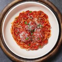 Baked Spaghetti · With marinara sauce topped with mozzarella. Choice of meatballs and meat sauce. Served with ...