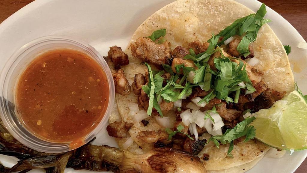 Carnitas Taco · Pork. Grilled tacos served with cilantro and onions.