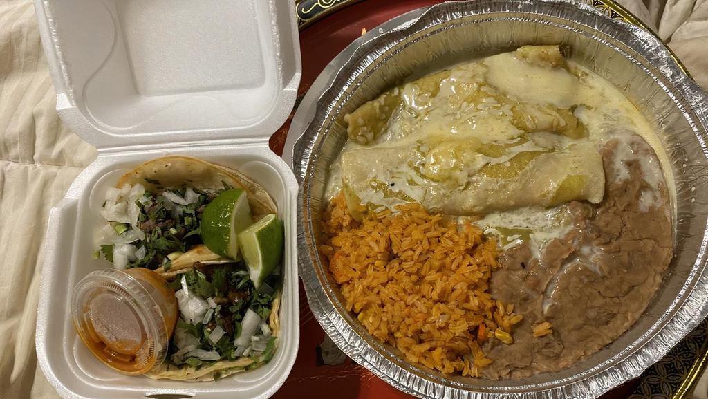 Enchiladas Verdes · 2 enchiladas, choice of chicken, cheese or beef served with rice and beans topped with special green sauce and shredded cheese.