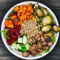 Harvest Crunch · Toasted Brussels sprouts, roasted beets, sweet potato, cucumber, crispy chick peas, mushroom...