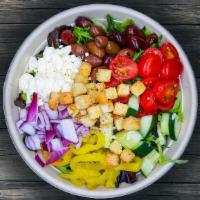 Greek Goddess · Kalamata olives, feta cheese, onion, tomato, cucumbers, banana peppers, and croutons. Sugges...