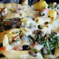 Pasta Primavera · A delicious blend of Spinach, Mushrooms, tomatoes, Onions, and Minced Garlic tossed in a lig...
