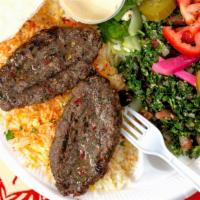 Kafta Kabob Plate · Two skewers ground beef with onion, parsley and spices; side of hummus.